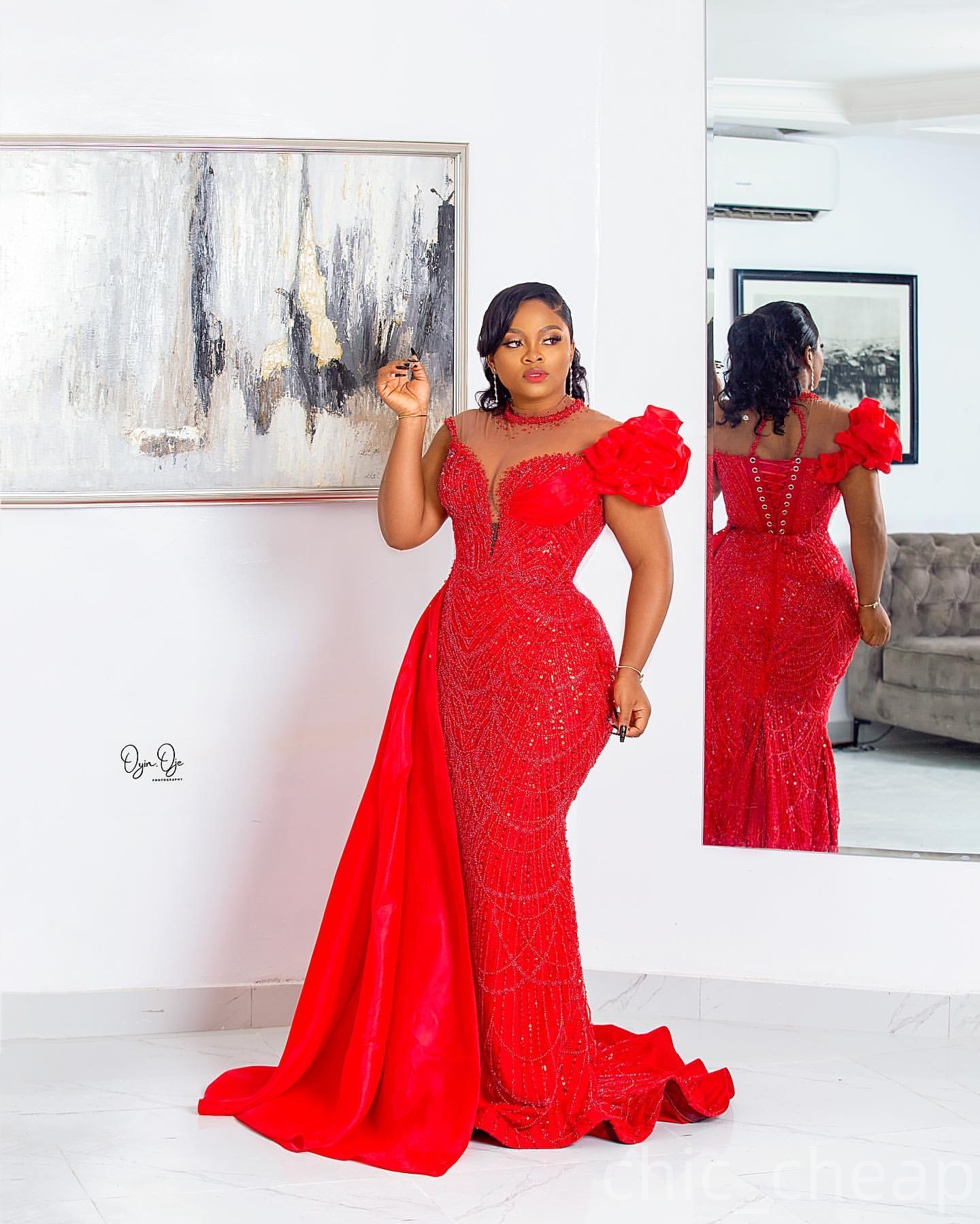 Red Mermaid Prom Dresses 2025 Sheer Neck Beaded Sequined Crystals Evening Formal Party Second Birthday Engagement Gowns Plus Size Dress For Special Oc