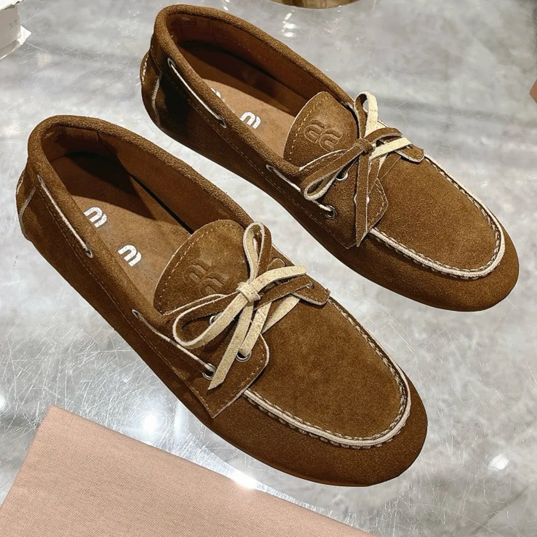 Luxury 25S/S Unlined bleached leather boat shoes fashion show new ladies loafers retro color polishing process ladies lace up casual shoes brand bean shoes