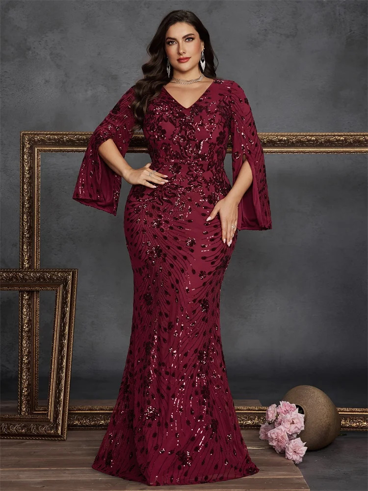 BLUEPLUM Plus Size y Black Evening Dresses Women Long Sleeve Mermaid Formal Sequins Prom Wedding Party Cocktail Gowns 250811