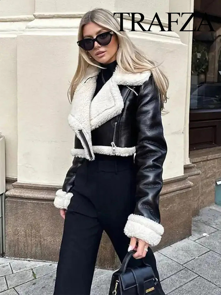 TRAFZA Womens Winter Warm Thick Lapel Lamb Wool Jacket Fashion Solid Color Zipper Jacket Womens Retro Lapel Long Sleeve Jacket 250804