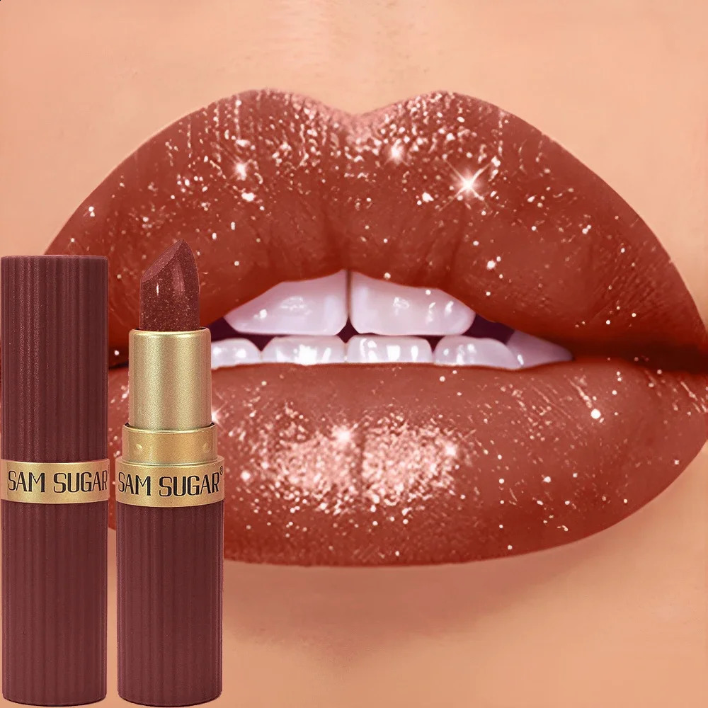 Chocolate Brown Luxurious Metallic Glitter Lipstick Long-Lasting Waterproof Non-Fade Shimmery Pearl Sparkling Lip Gloss Makeup 250809