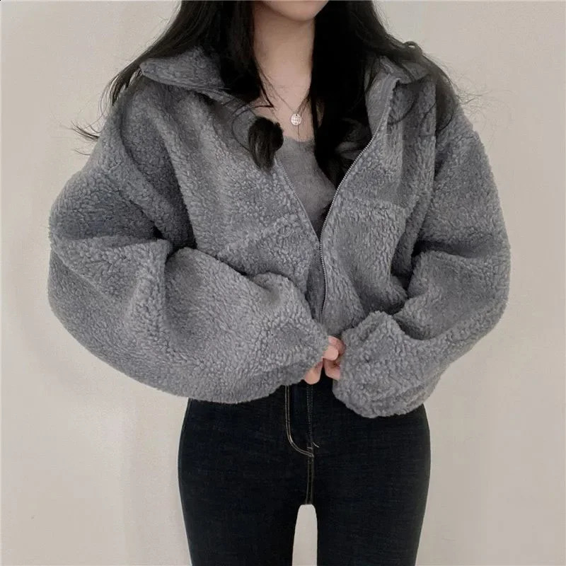 Lucyever Women Short Lamb Wool Jacket Autumn Winter Thicken Warm Plush Coat Female Fashion Zipper Stand Collar Outerwear 250804