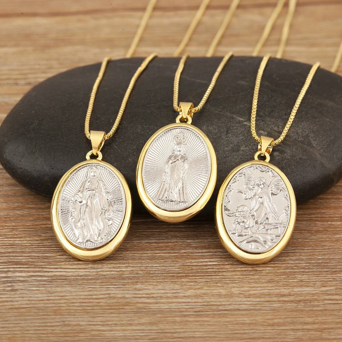Nidin New Arrival Retro Oval Virgin Mary Pendant Necklace For Women Female 3 Styles Religious Style Choker Copper Neck Jewelry
