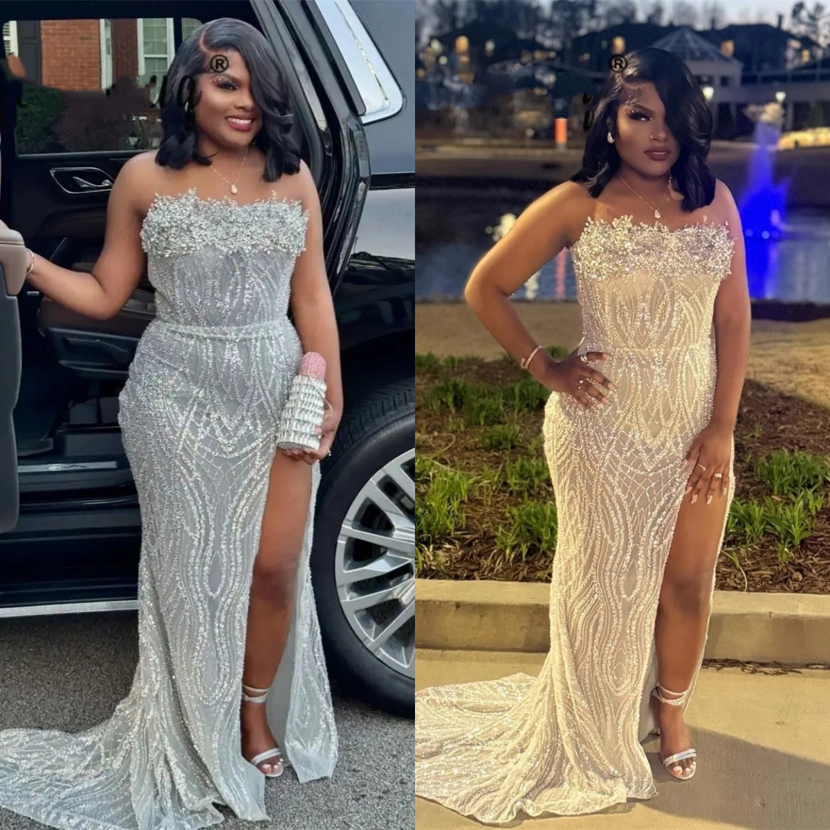 Luxury Evening Dresses Sequins Rhinestone Split Side Gown Strapless Sleeveless Floor Length Dress Evening Party Customized Dress