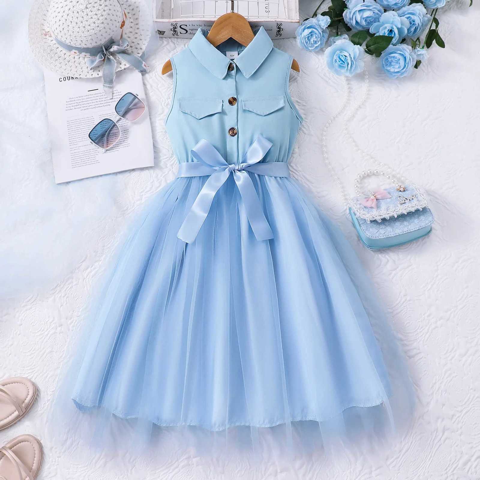 7-12 Years Dress for Girls Clothes Summer Khaki Kids Dresses Sleeveless Casual Vacation Elegant Brown Mesh Children Princess Dresses W250811