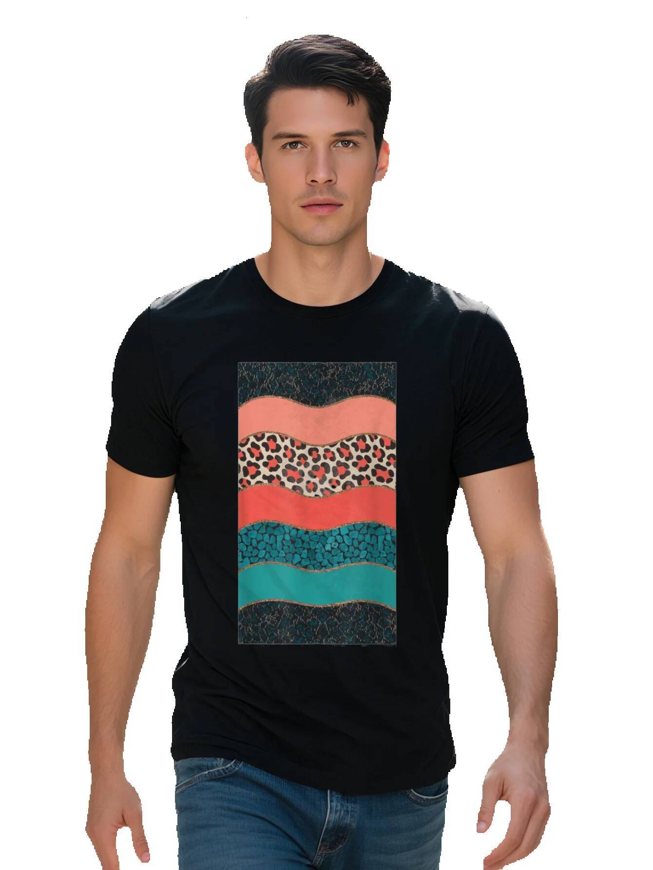 Men S Serape Bohemian Cheetah Turquoise Cow T-Shirt Cotton Short Sleeve Crew Neck Regular Fit All Seasons 5db19 b98a4