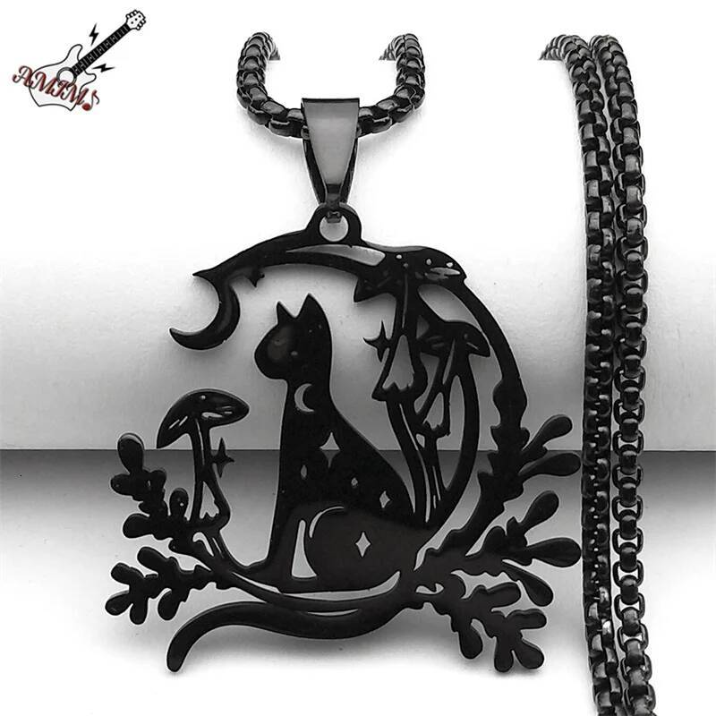 Night Witchcraft Black Cat Pendant Necklace For Women Men Stainless Steel Half-Moon Mushroom Plant Chain Jewelry Gifts Jewelry for Women