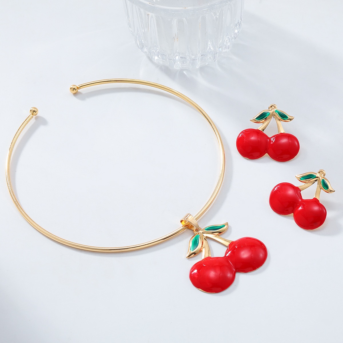 2025 New Fashion Accessories Cherry Necklace and Earring Set Simple Women's Fashion Accessories Set