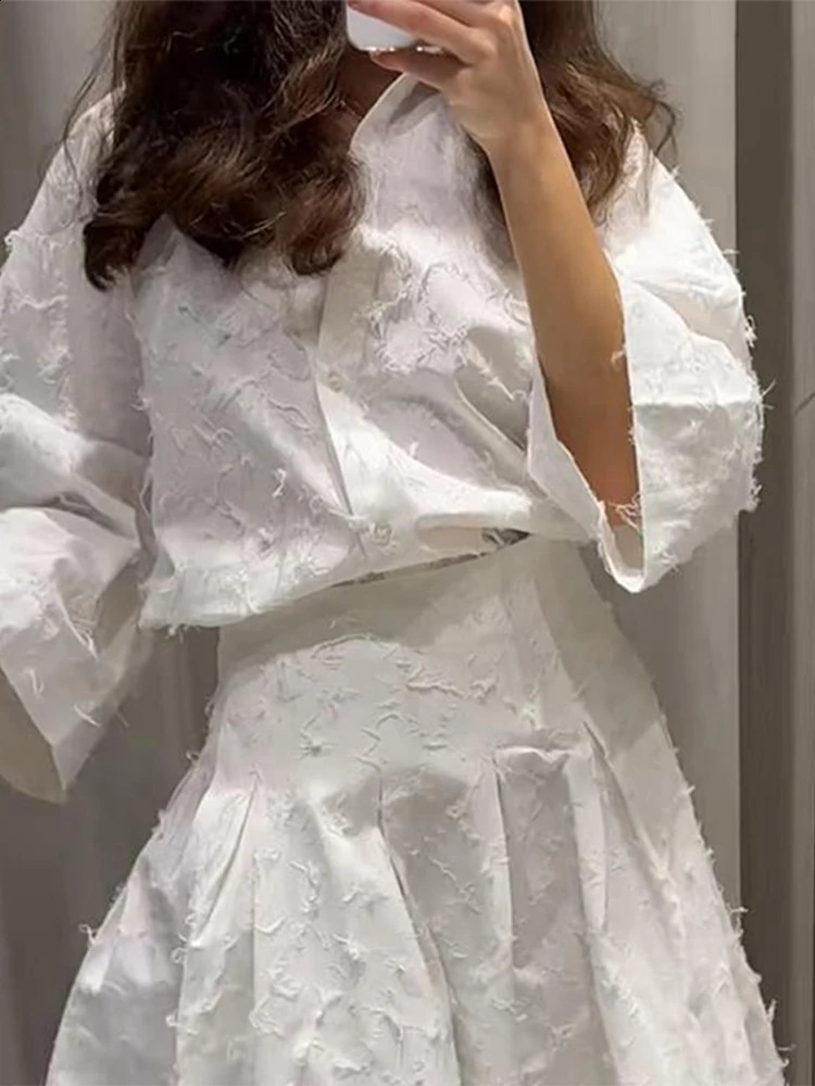 Elegant Tassel Shirt Skirt Women White Lapel Long Sleeve Button Top A-line Pleated Mid Skirts 2025 Summer 2 Pieces Lady Outfits 250811