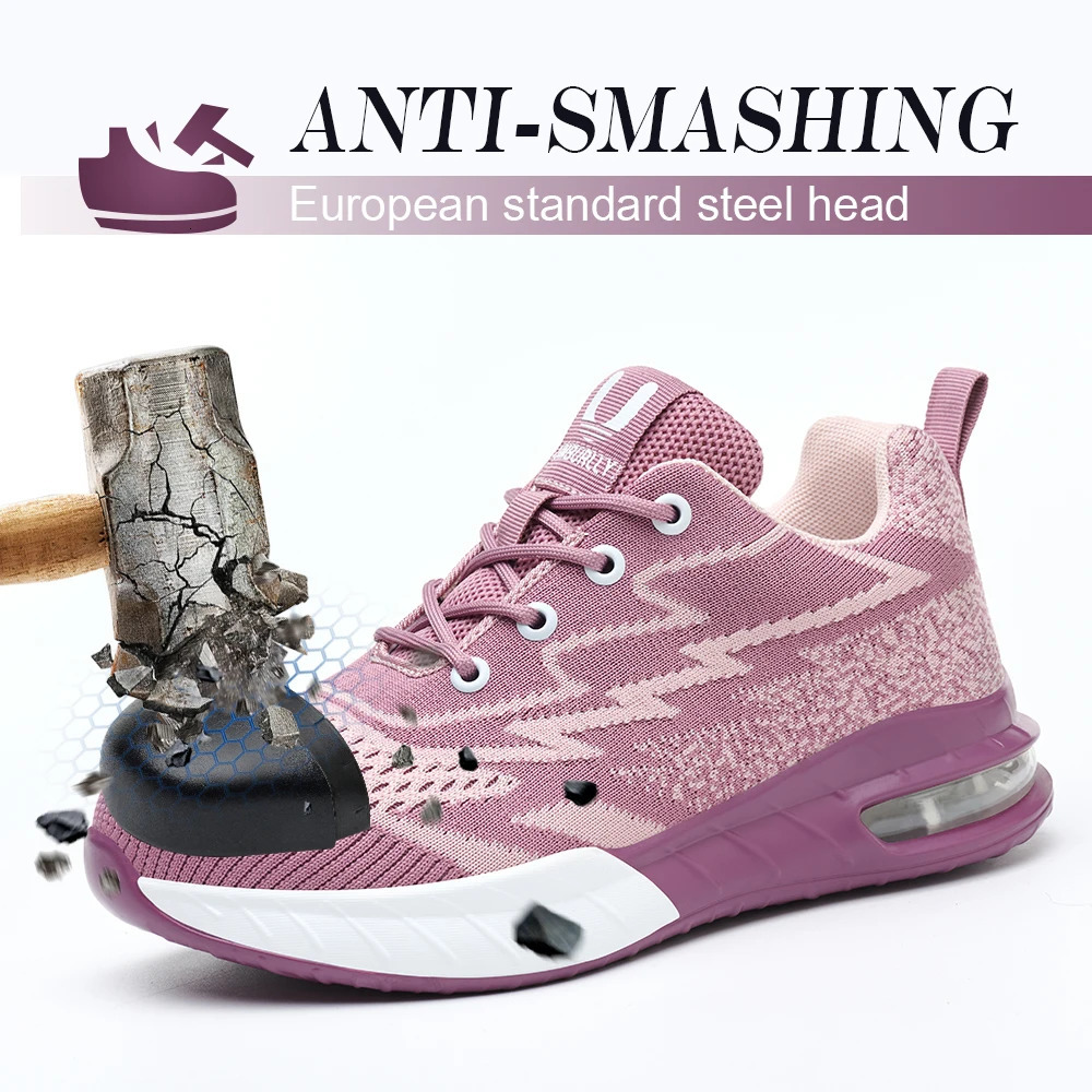 Womens Steel Toe Safety Shoes - Pink Anti Smash Anti Puncture - Wide European Sizes - Fashion Work Boots for Ladies 250805