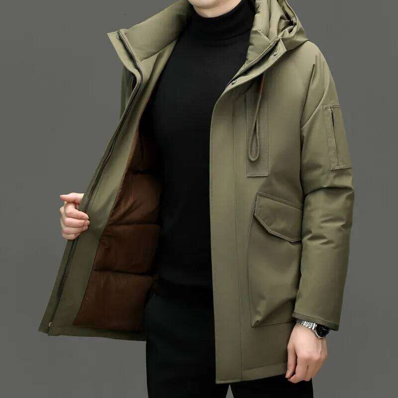 Classic 2025 Winter Men's Mid-Length White Duck Down Jacket Outdoor Windproof Wear Warm Hooded Puffer Coat Thick Clothing