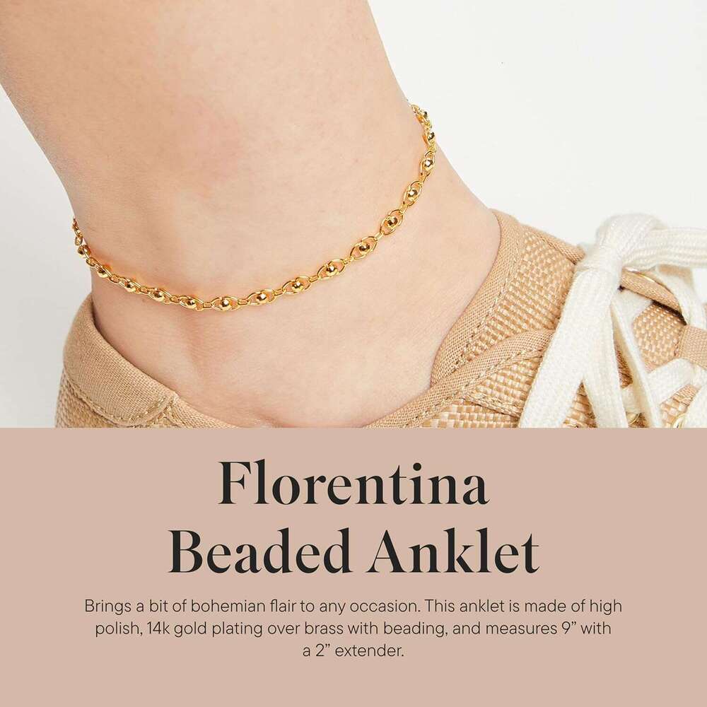 Florentina Anklet Beaded Ankle Bracelet 14k Gold Plating Premium Quality Jewelry - 9" with Extender