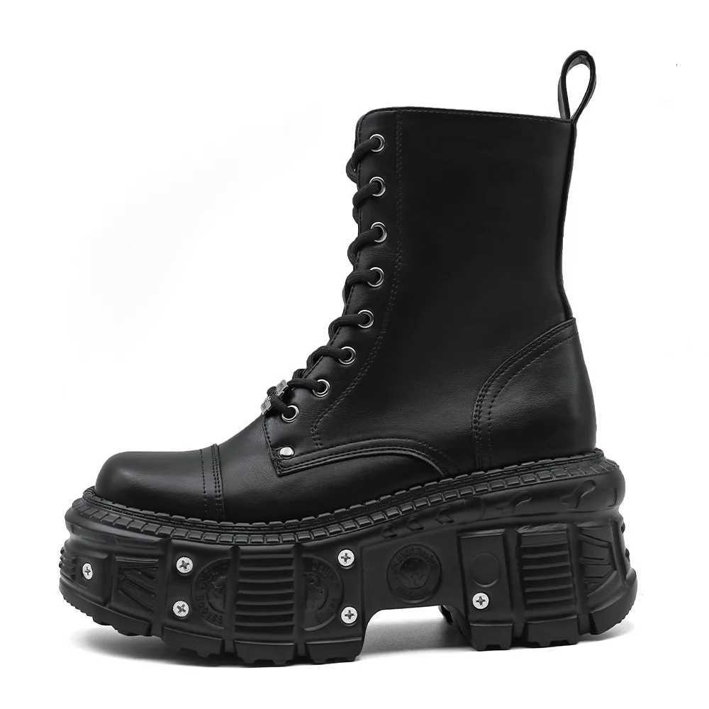 Metal Thick-Soled Heightening Men Womens Ankle Boots Dark Punk Lace Up Leather Round Toe Goth Motorcycle Boots Short Boots 44 W250811