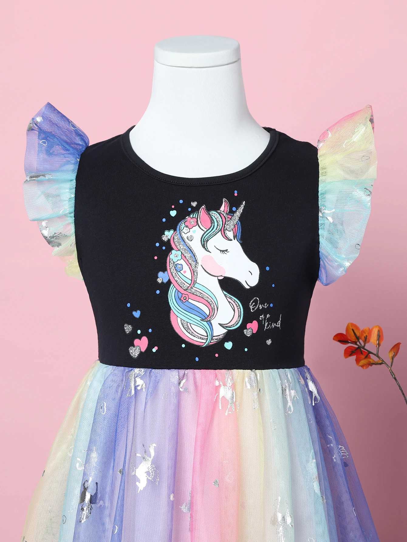 Girls Summer Cartoon Unicorn Print Rainbow Mesh Splice Princess Birthday Party Sleeveless Dress SH1791 W250811