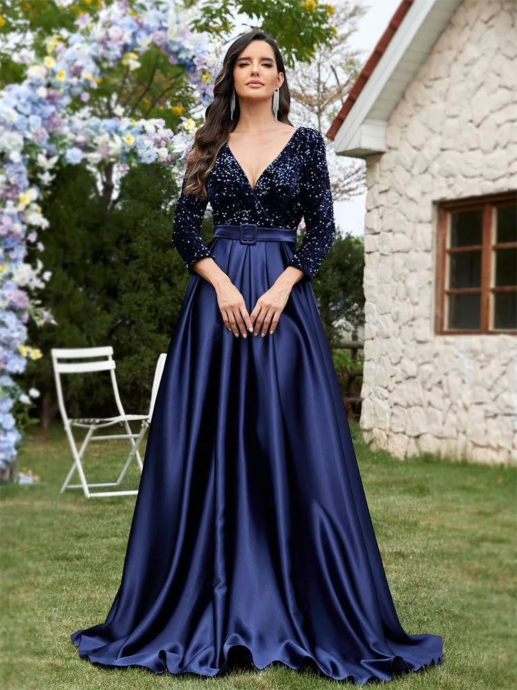 Lucyinlove y Long Sleeve VNeck Satin Formal Evening Dresses Elegant Wedding Party Sequins Women Prom Cocktail Gowns 250811