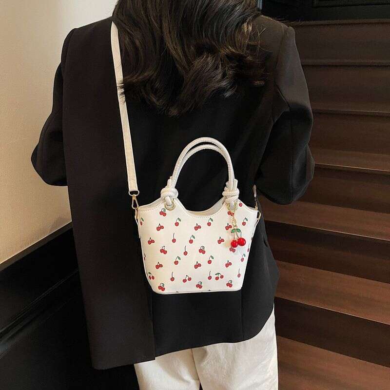 designer leisure Design 2025 New Trendy Fashion Cherry Print Crossbody Bucket Color-Block Texture Shoulder Bag