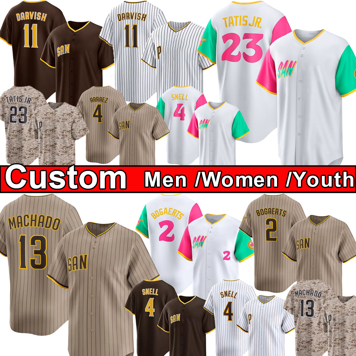 Fernando Tatis Jr. Manny Machado, Padres Baseball Jersey Yu Darvish, Xander Bogaerts, Jackson Merrill, Luis Arraez, Tyler Wade, Dylan Cease, Matsui, Connect City Kids Shirt