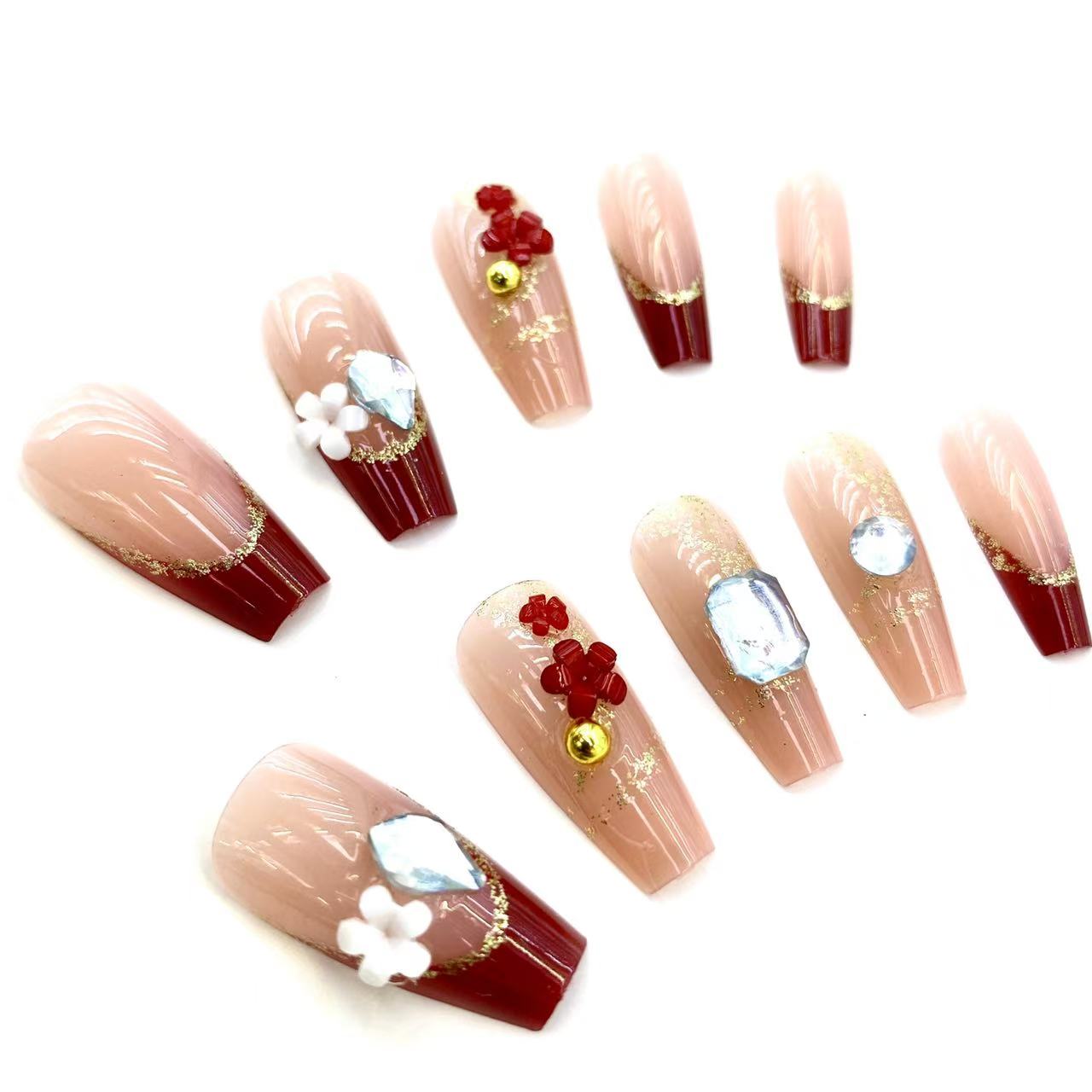 Handmade Fake Nails 24pcs Long Coffin Nude Burgundy Glitter French Tip Nail Art with Flowers Rhinestones Full Cover press on nails