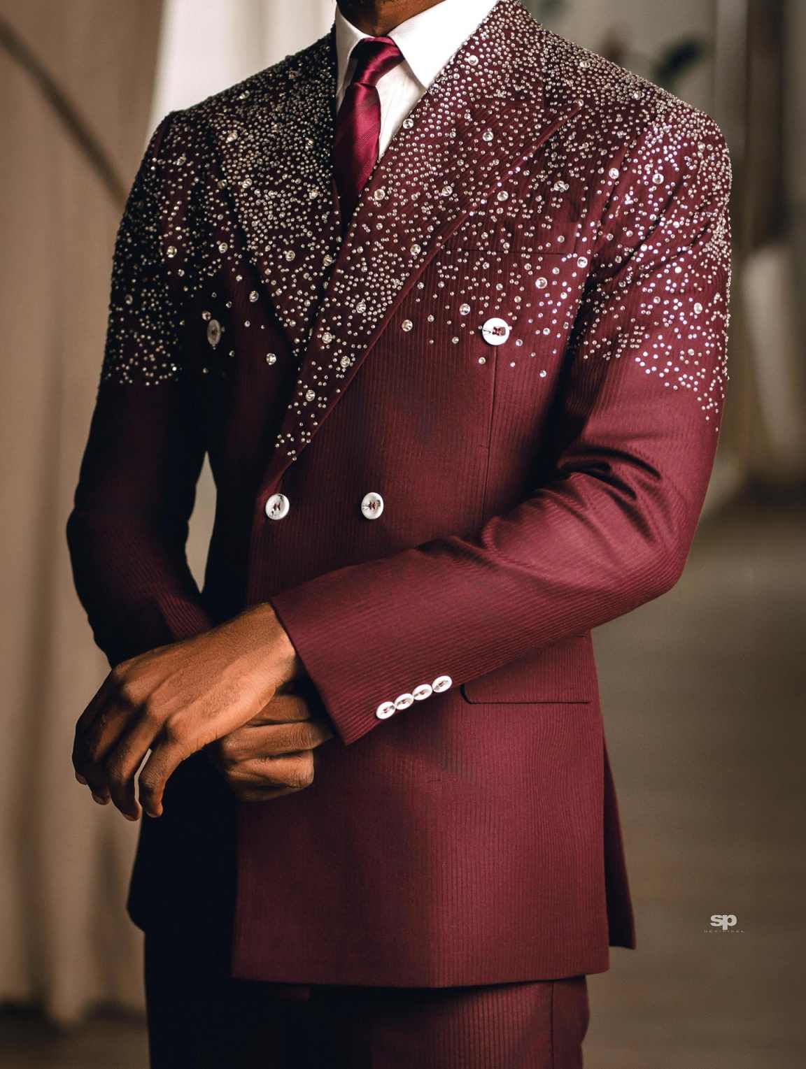 Business Mens Tuxedos Double Breasted Beading Groom Pants Set Male Fashion Suit Tailored Made Wedding Clothing