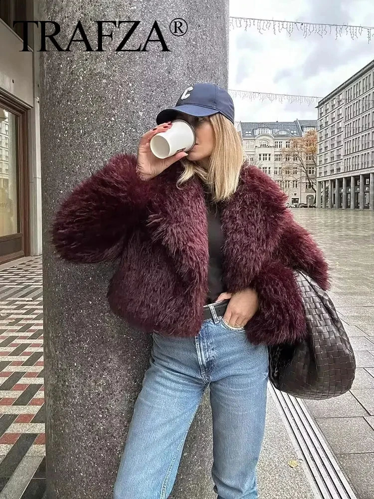 TRAFZA Winter Women Casual Faux Fur Lapel Jackets Fashion Solid Oversized Thick Coats Female Fuzzy Warm Long Sleeves Outerwear 250806