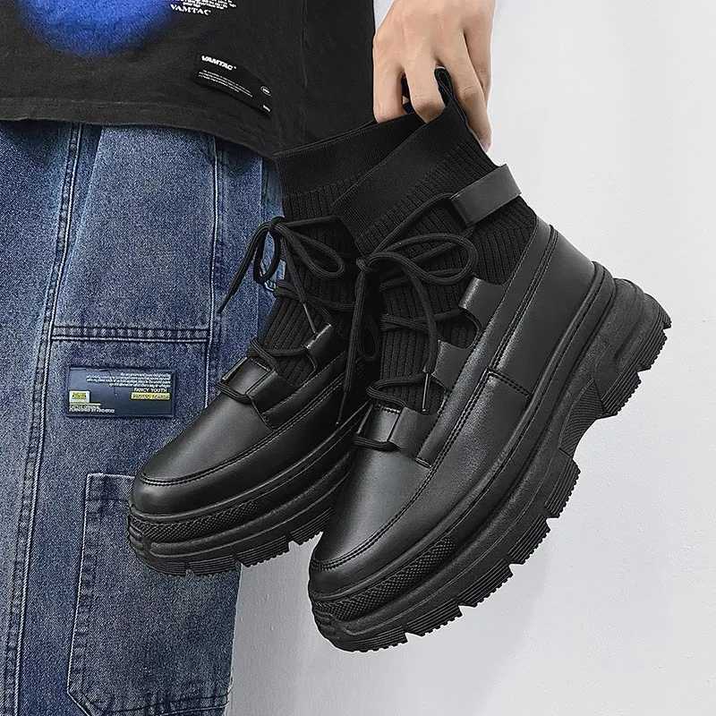 Autumn Winter Socks Boots 2024 New Men Ankle Boots Platform Black Shoes for Men Fur Chunky Punk Motorcycle Booties Gothic Shoes W250811