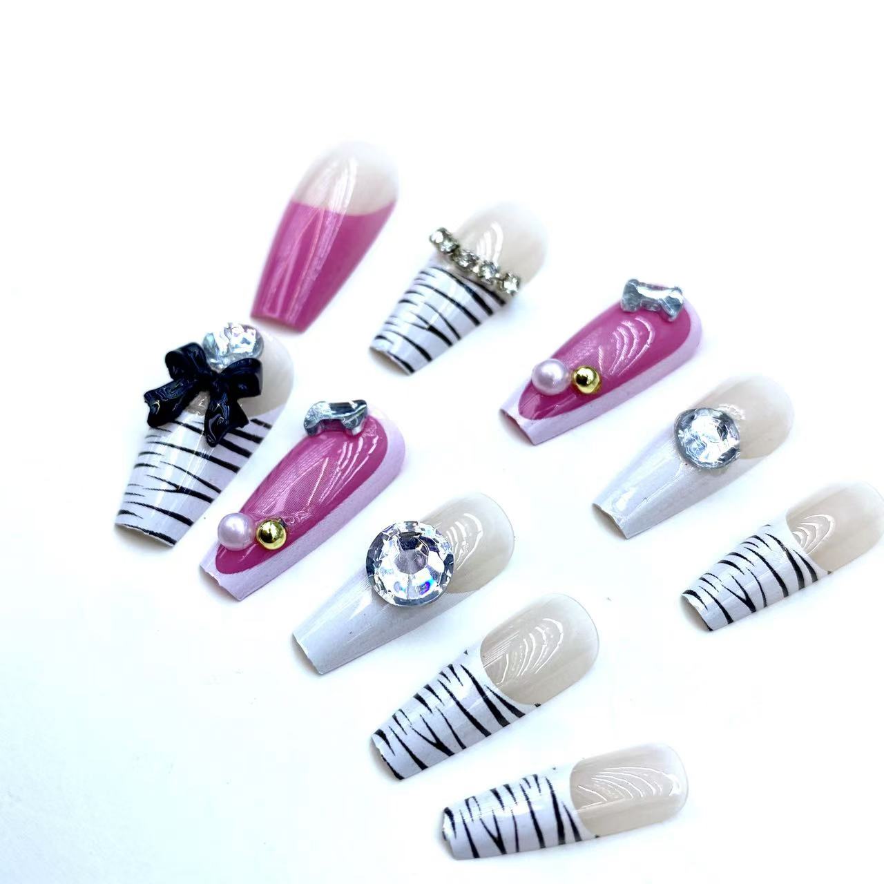 Handmade Fake Nails 24pcs Long Coffin Pink Nude Zebra Stripe Nail Art with Rhinestones Bow Full Cover press on nails