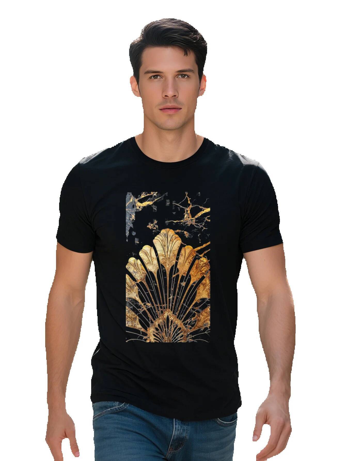Men's Tortoise Shell Golden Leaf Print T-Shirt Cotton Short Sleeve Crew Neck Casual Tee Regular Fit c6100