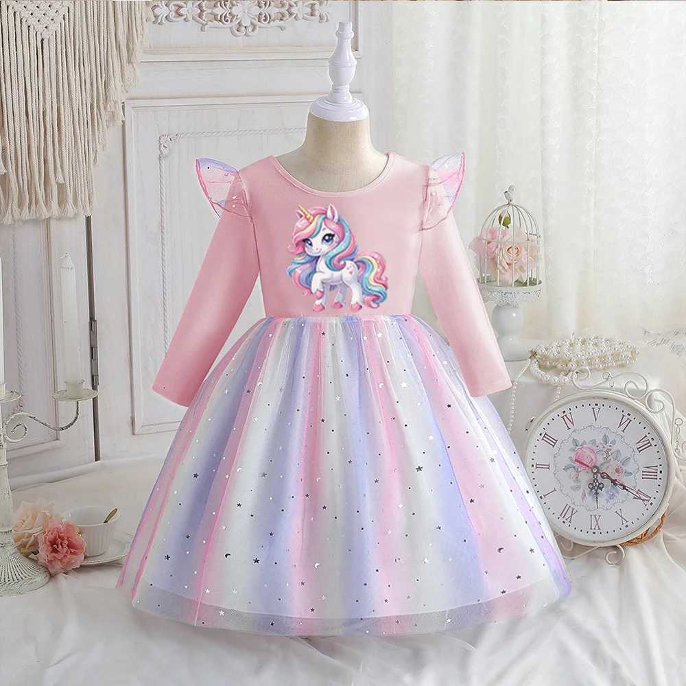 New Rainbow Unicorn Princess Dress Baby Girls Dress Spring Autumn Long-sleeved For Children Kids Clothing Birthday Party Dress W250811