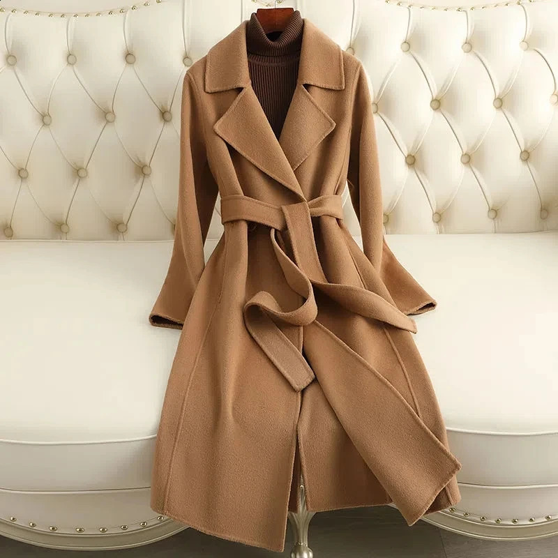 Woolen Coat 100% Wool Women Autumn Winter Fashion Cashmere Woolen Jacket Long Coat Streetwear Camel Black Outerwear Female 250805