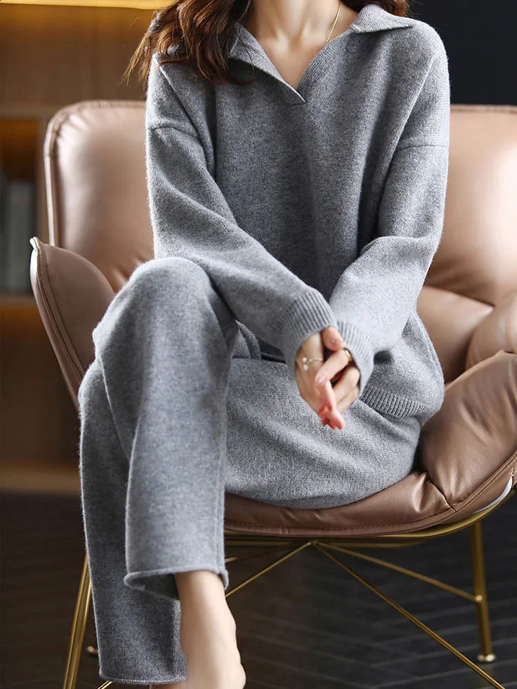 Casual Knitted 2 Piece Sets Korean Polo Neck Sweater Pullover Conjuntos Women High Waist Ankle Length Malhas Harem Pant Setleri 250805