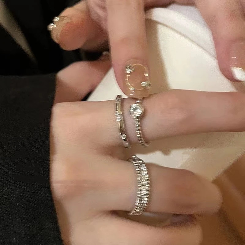 3pcs Vintage Silver Color Rings Fashion Y2k Crystal Round Set Rings For Women Girls Trend Party Aesthetic Jewelry Fashion Rings 250807