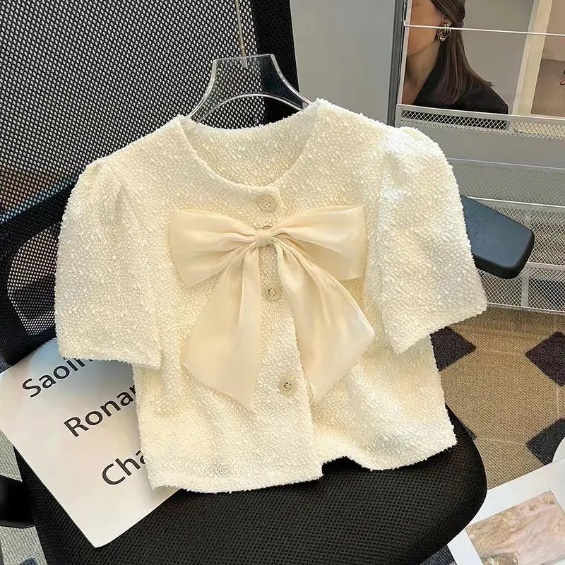 Temperament Tweed Clothing Ropa Mujer Bow Coat Summer Korean Crop Tops Shirts for Women Slim High Suit Short Jacket 250804