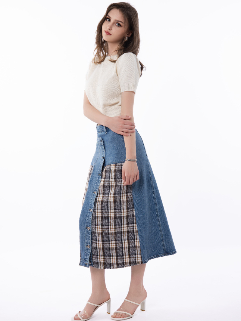 Women's denim plaid patchwork midi skirt