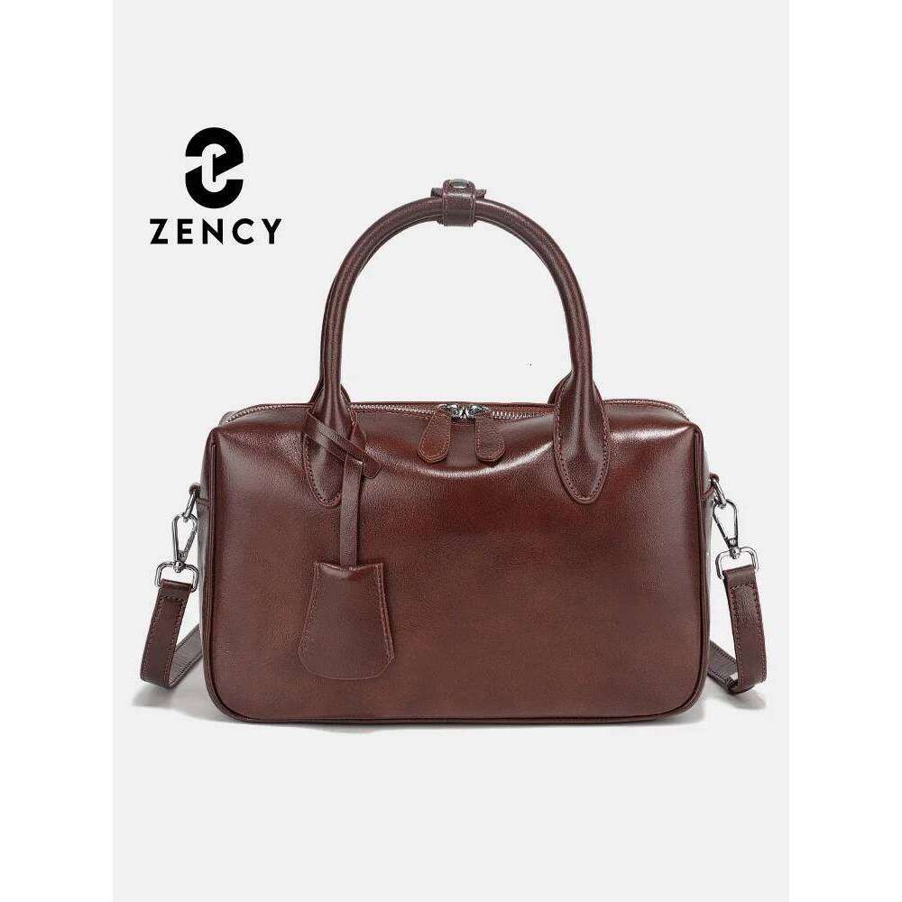 Zency Genuine Leather Vintage Designer Handbag For Women Large Capacity Shoulder 2025 New Boston Bag Oil Wax Top Handle Sac