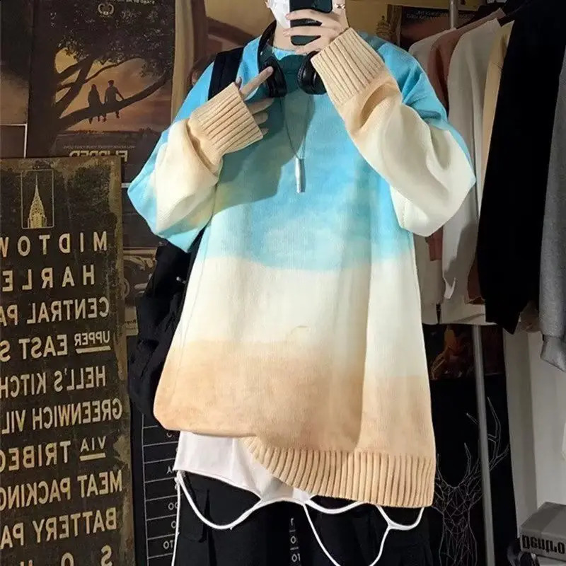 Mens Crew Neck Loose Contrast Gradient Knitted Sweater 250805