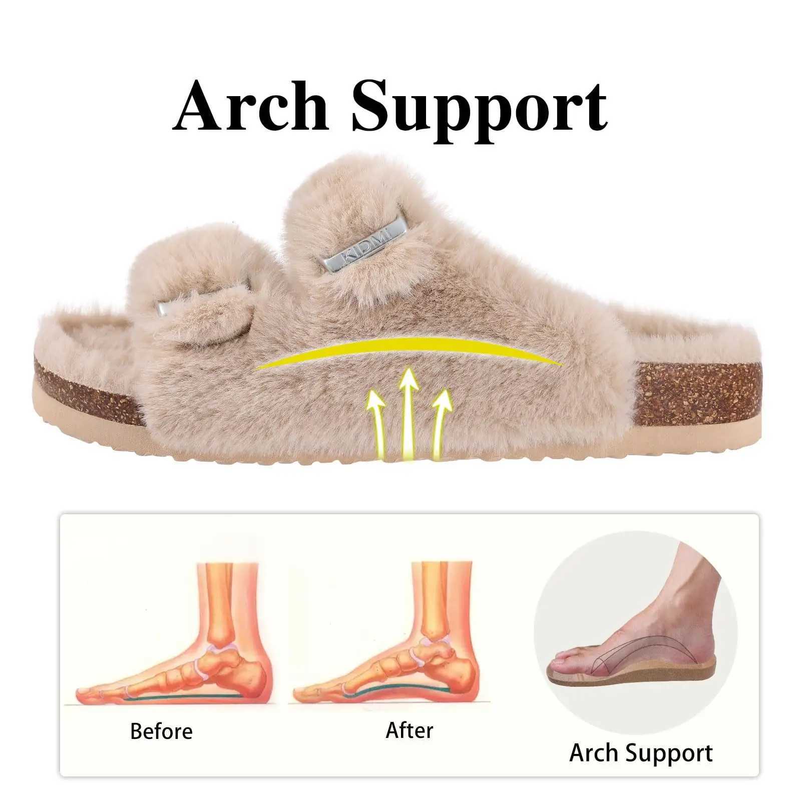Evshine Womens Furry Cork Slippers Winter Soft Fluffy Open Toe Slippers With Adjustable Buckle Indoor Fashion Plush House Shoes XJ250811