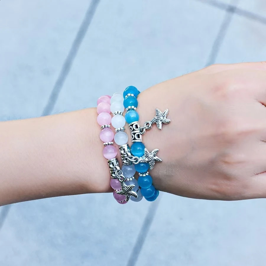 Trendy Starfish Pendant Opal Bracelet Women 8mm Natural Shiny Cat Eyes Stone Elastic Braslet Beach Leisure Girlfriend Gift Joias 250805