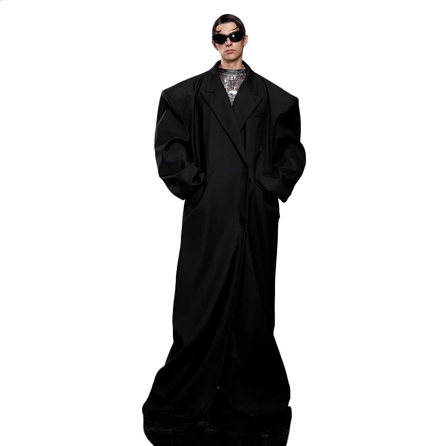 Mauroicardi Spring Autumn Cool Long Oversized Black Trench Coats Man Shoulder Pads Clothes Overcoat 2025 250804