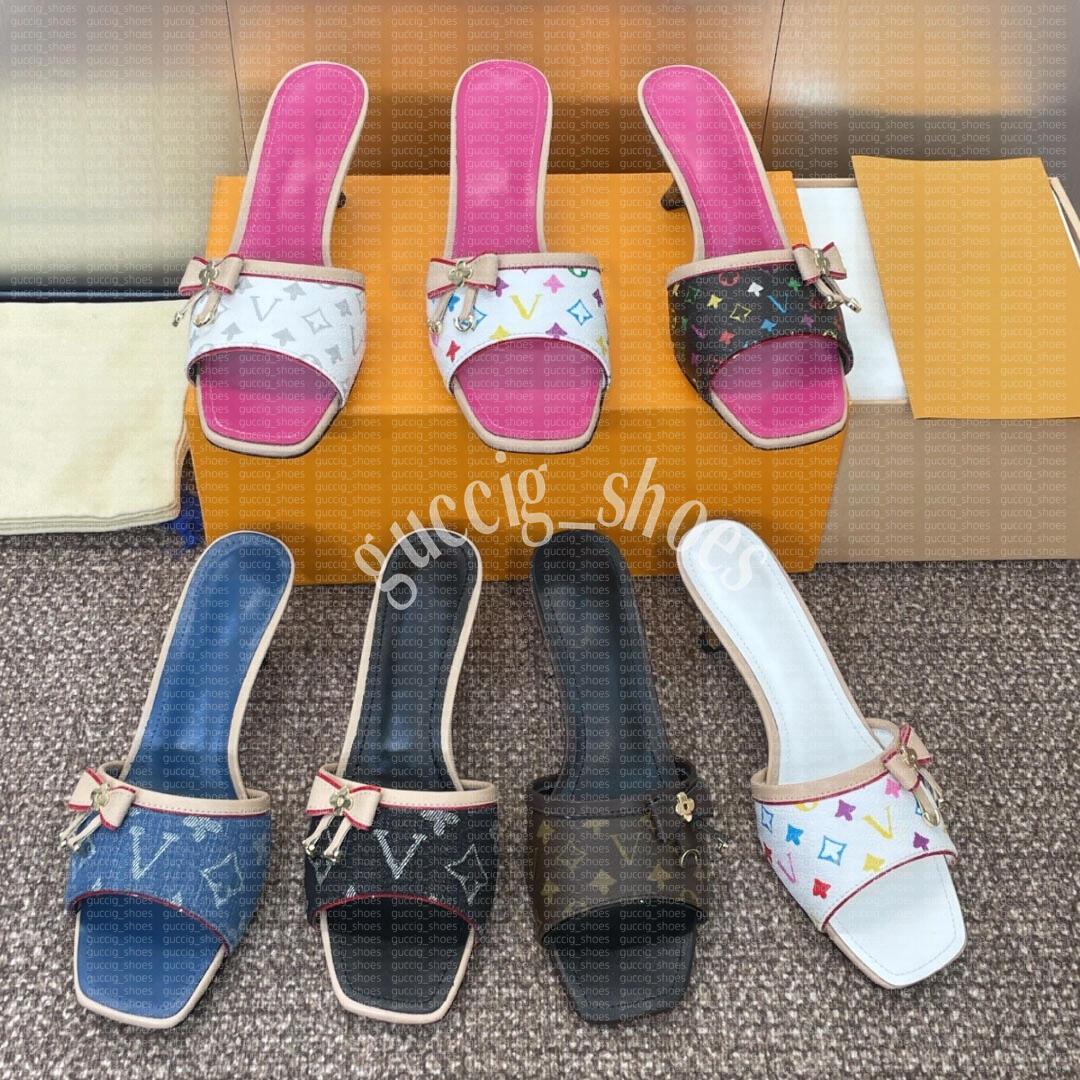 Women Revival Mule Designer High heels Blue Denim Sandals Embroidered Printed Stiletto Leather shoes Round Toe Flip-Flops Summer Denim Mule Sandal High Heel e4