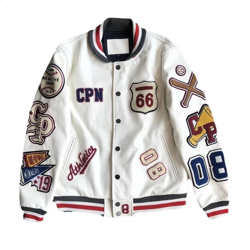 Mens winter baseball Jacket Men Retro Trend leather Jacket heavy industry embroidery white short Coats Men Clothing 250804