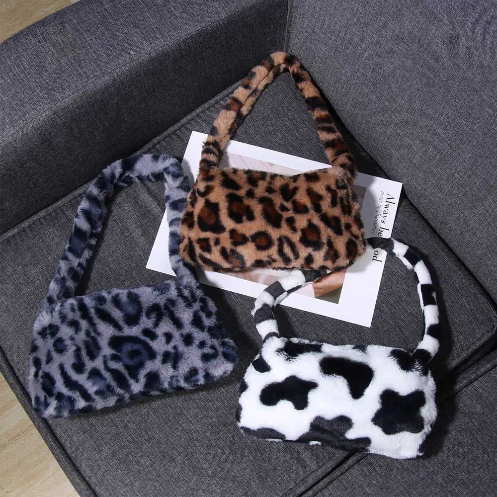 Fashion Soft Faux Fur Plush Underarm Handbag Cow Print Leopard Mini Shoulder Bag Purse 250811