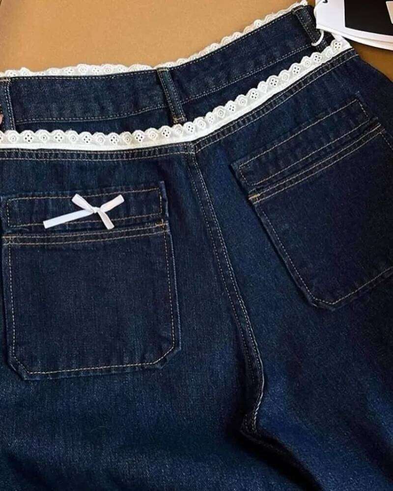 Sweet Lace Waist Design Loose Women's Dark Blue Jeans Straight Leg Slimming Elegant Style Casual Fashion Denim Long Pants