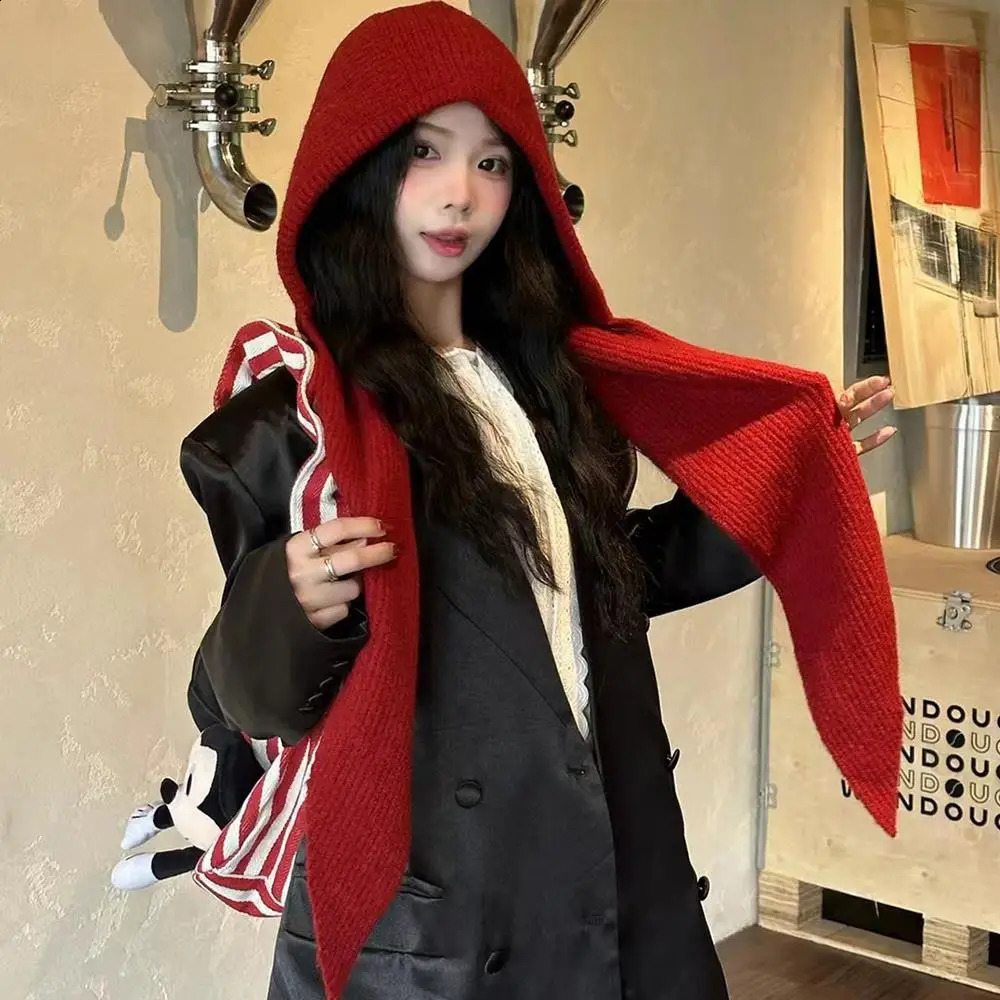 Winter Women Hooded Hat Knitting Wool Warm Balaclava Beanies Skullies For Female Girl Solid Color Outdoor Cold-proof Bonnet 250808