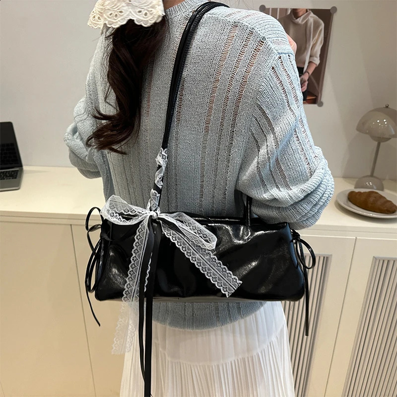 French Bowknot Lace Ribbon Stick Bag Long Square ClutchKorean Ballet Underarm Shoulder BagElegant Effortless Chic PU Handbag 250809