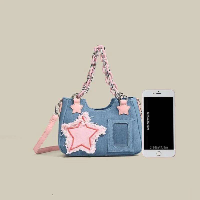 Denim Women S Handbag Badge And Doll Displays Large Capacity Designer Hobo Shoulder Stars Pattern Small Crossbody Bag