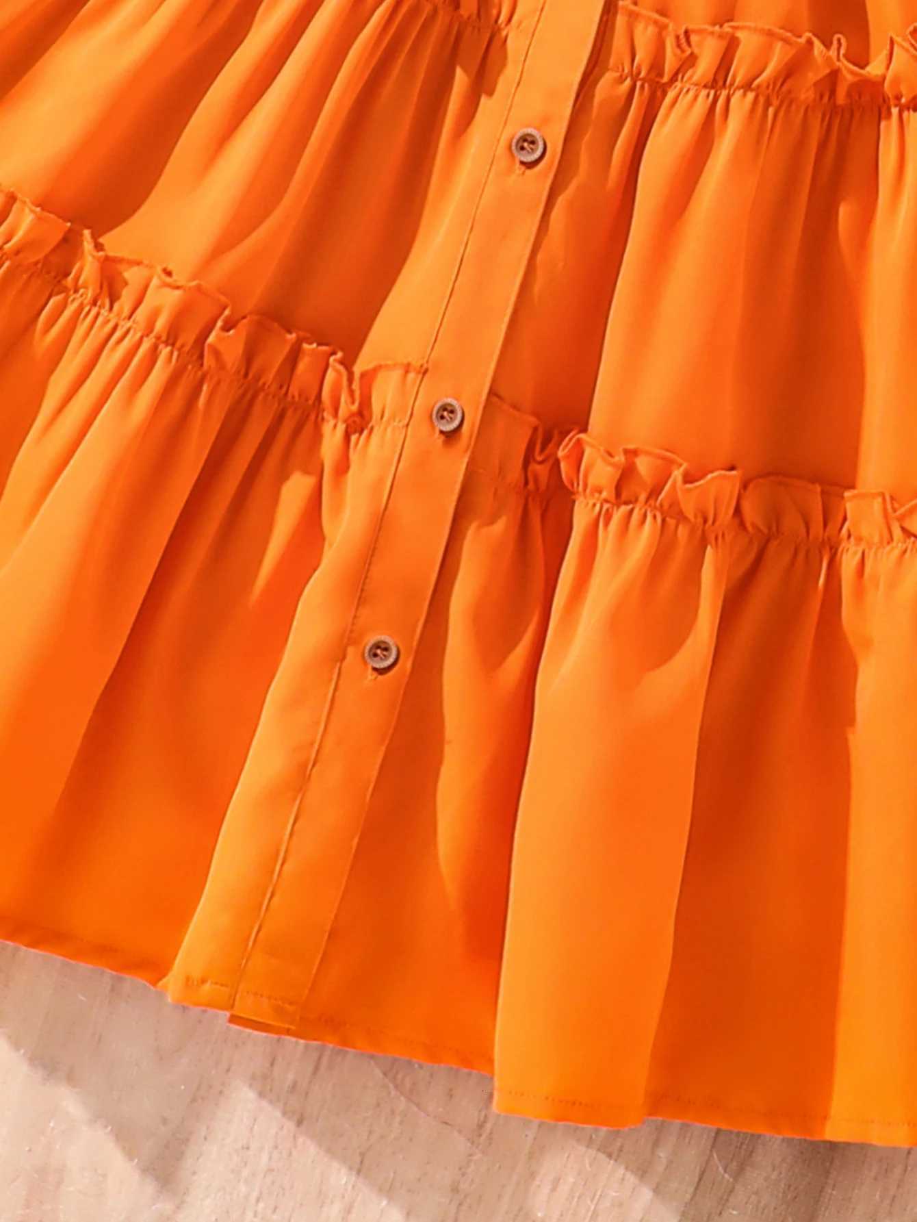 Girls Sunset Orange Dress 2025 Summer New Breathable Linen Blend with Woven Belt - Trendy Outdoor Kids Fashion W250811