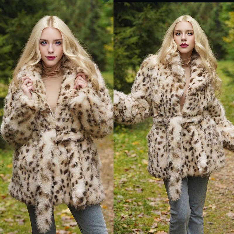 Autumn and winter fashion elegant faux fur leopard print coat suit collar belt women's mid length top