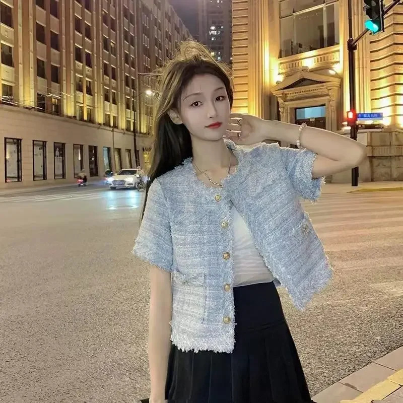 Coarse Tweed Fringed Cropped Versatile Loose-Fit Stylish Short Sleeves Jacket Womens Clothing Crew Neck Top 250805