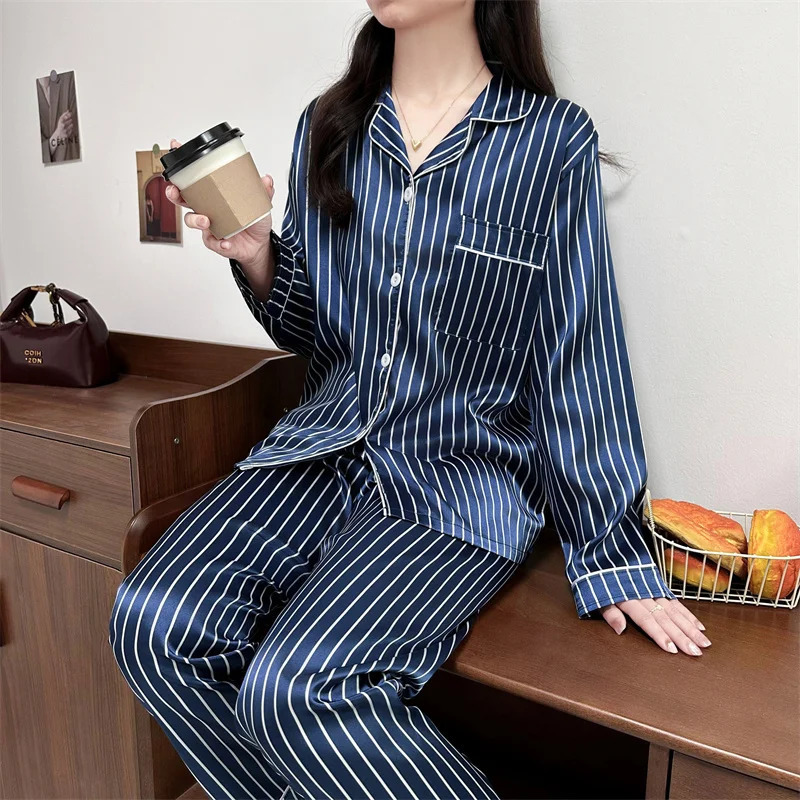 Vintage Striped Lapel Neck n Pajamas Woman Spring Casual Outside Womens Set Simple Trendy Sleepwear 250811