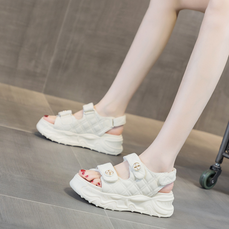 free shipping designer for Sandals Chanel-style Velcro round-toed toe-exposing casual and versatile flat thick-soled sandals